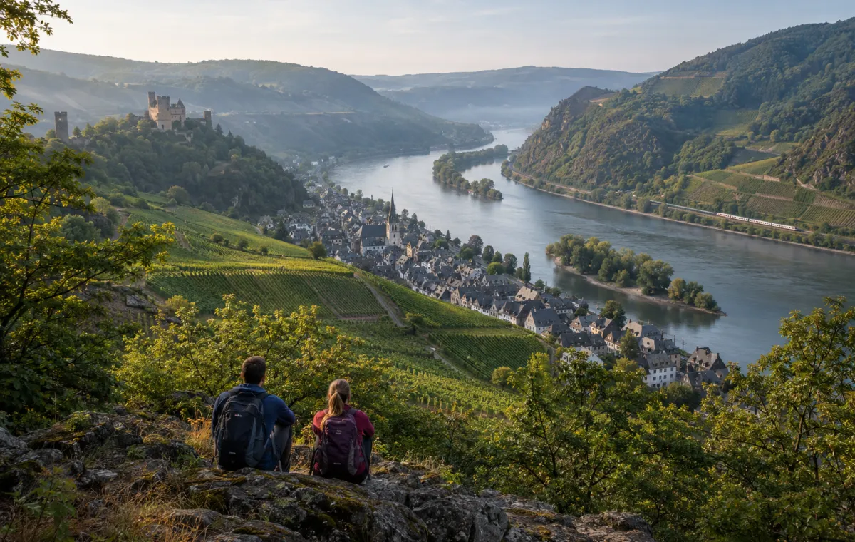 Zwei Wandernde blicken am Morgen über eine Flussschleife und Weinberge am Mittelrhein.