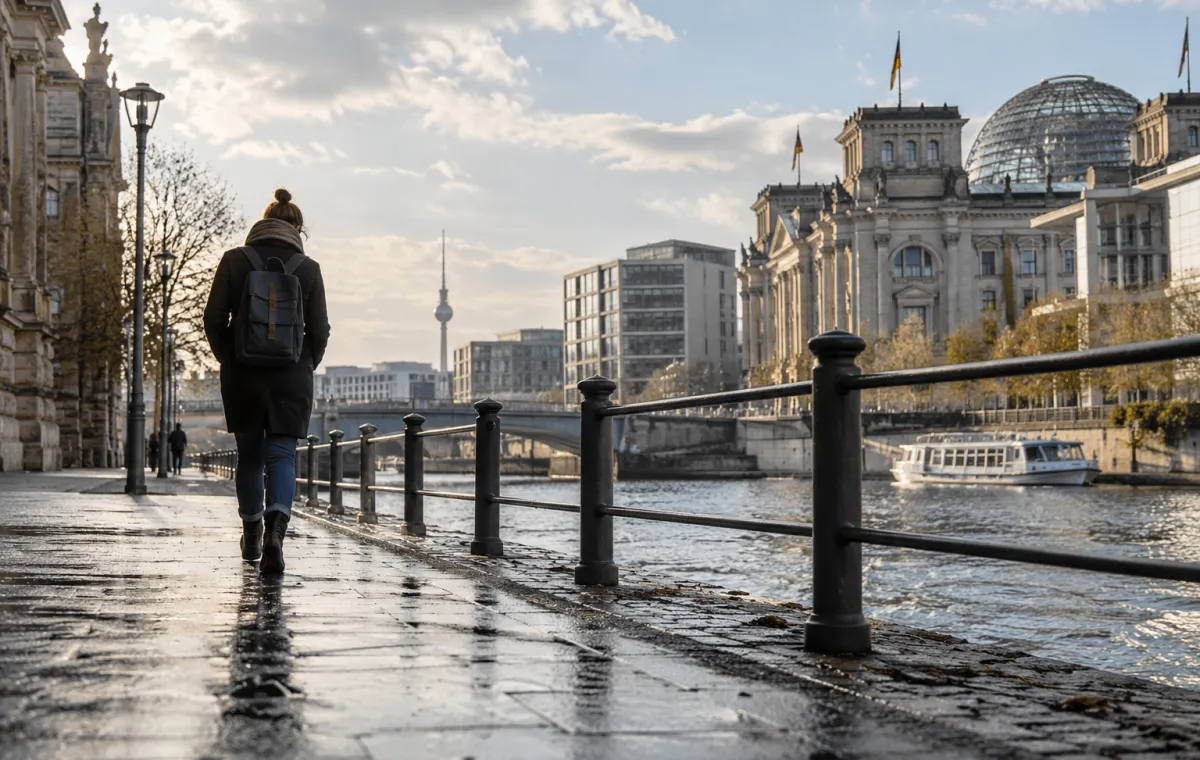 Ruhiger Spazierweg am Berliner Spreeufer zwischen unterschiedlichen Stadtfassaden.