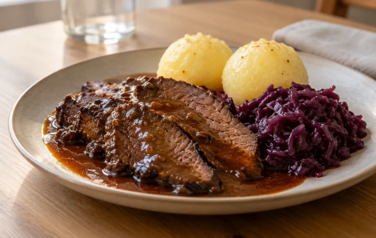 Aufgeschnittener Sauerbraten mit Kartoffelklößen und Rotkohl auf einem schlichten Teller.
